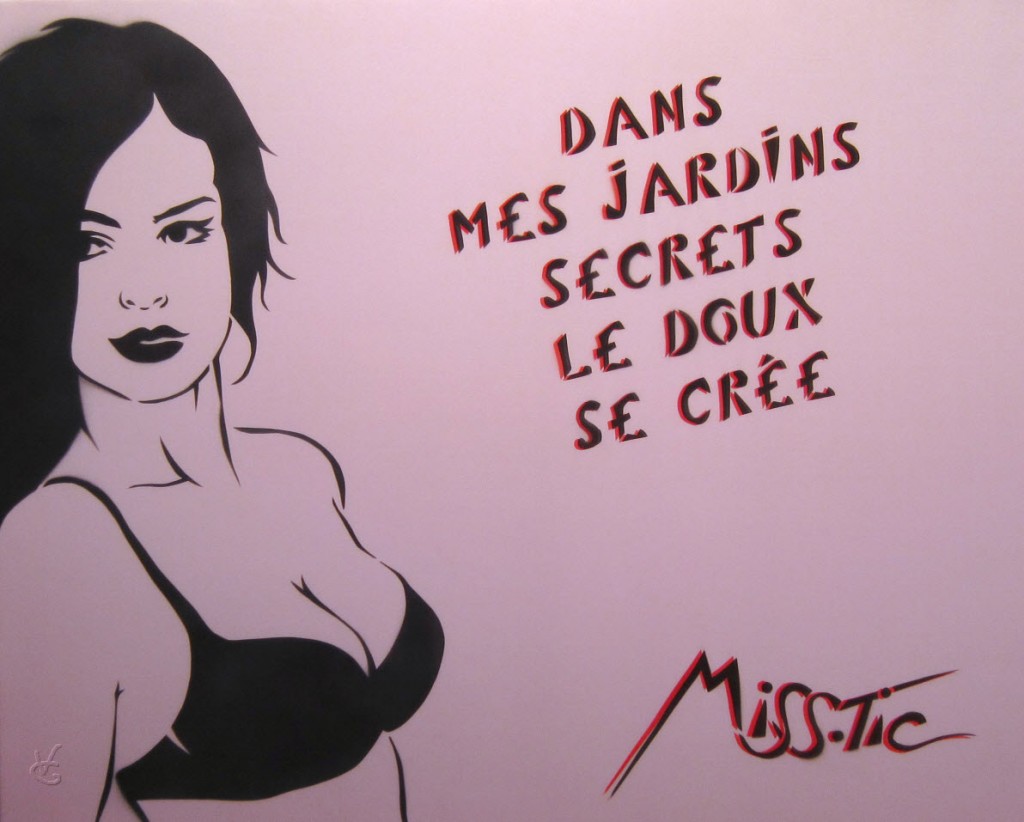 Photo VG du tableau de Miss.Tic (2012) « Dans mes jardins secrets, le doux se crée » , 92 x 73cm, encre aérosol sur soie.